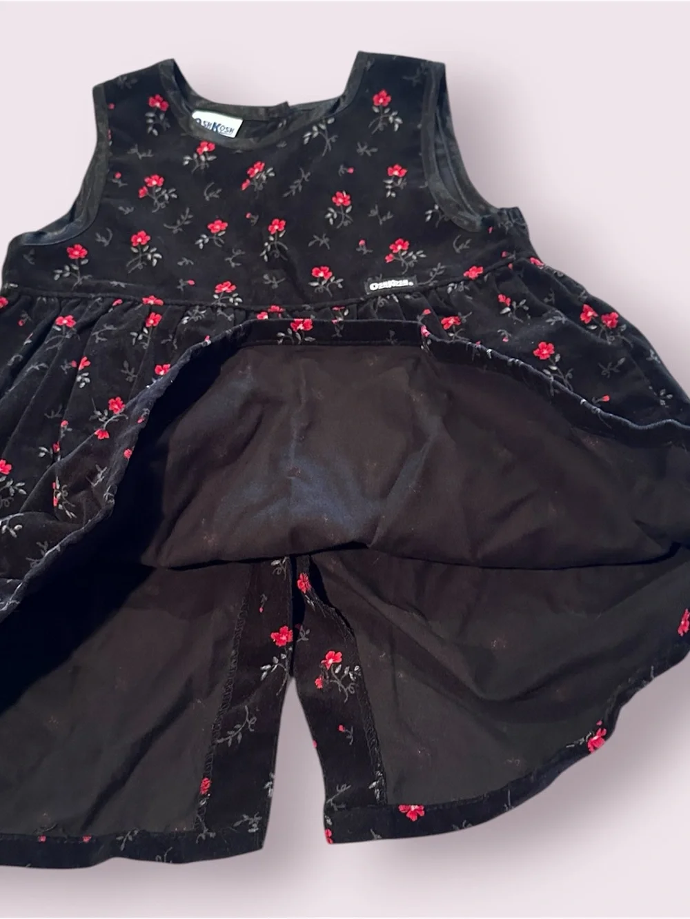Vintage Toddler OshKosh B'gosh Black Red Floral Print Velvet Dress Size 3T
